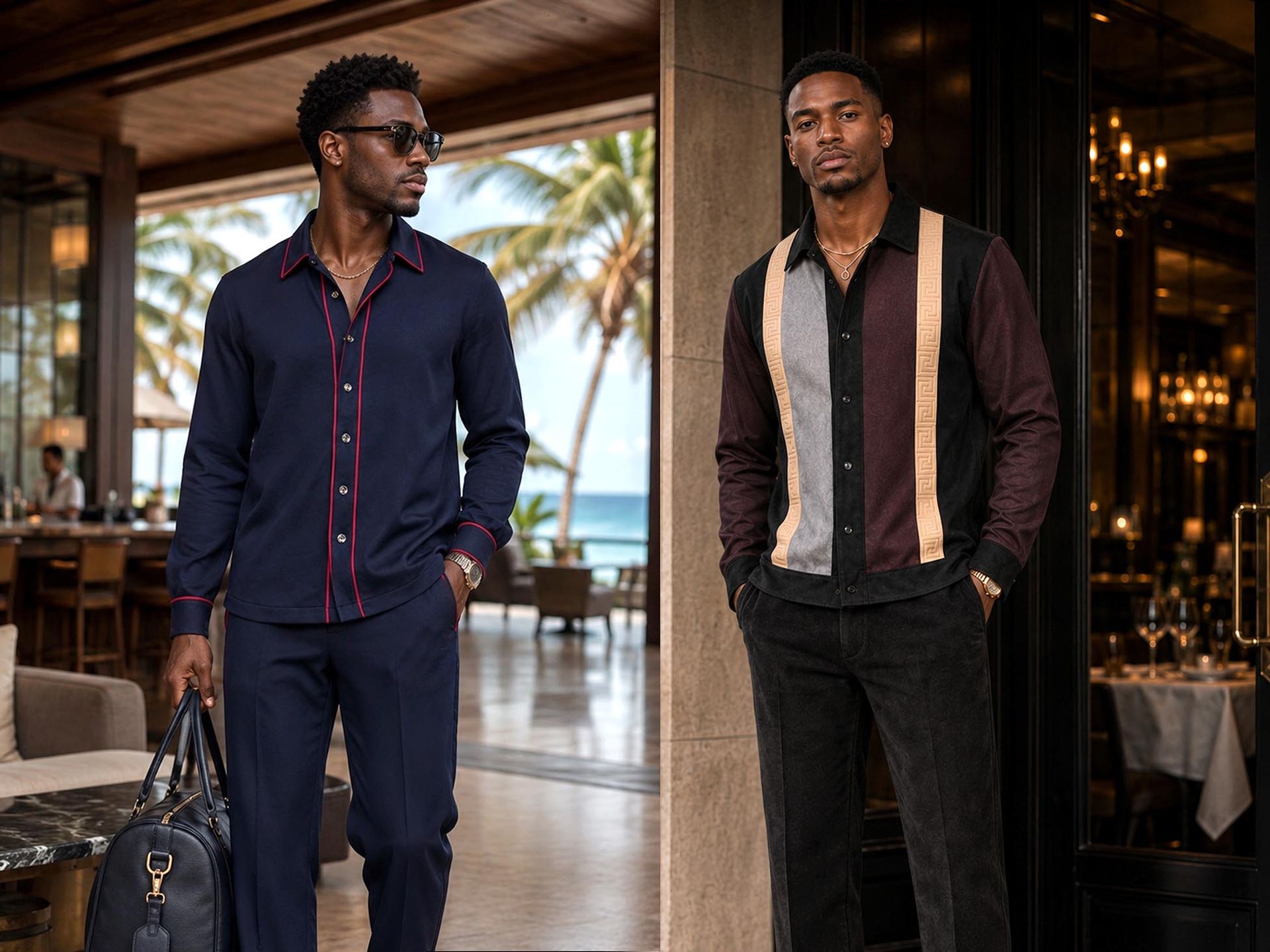 Two men in Prestige Original shirts: a navy shirt with red piping, and a color-blocked shirt with a gold key-pattern stripe